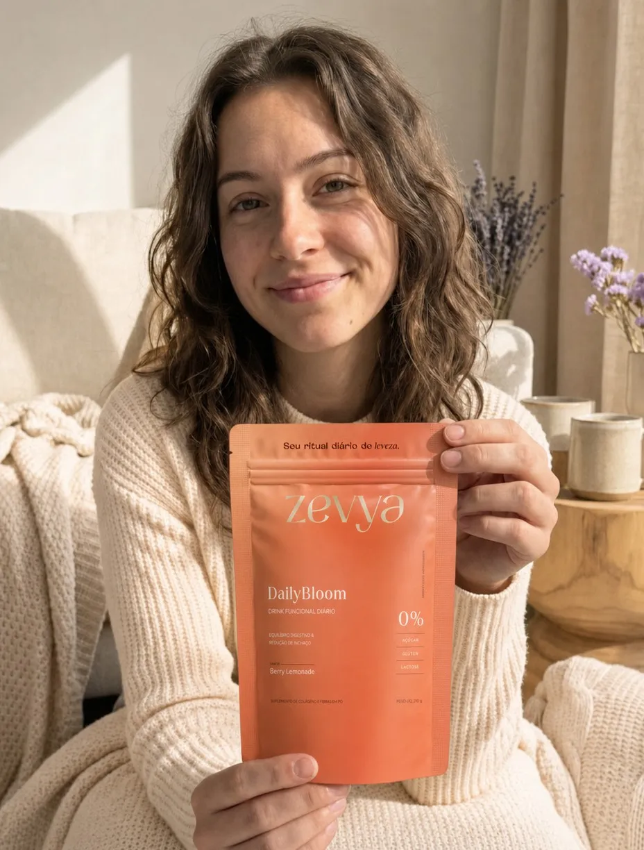 Bianca mostrando o pouch Daily Bloom