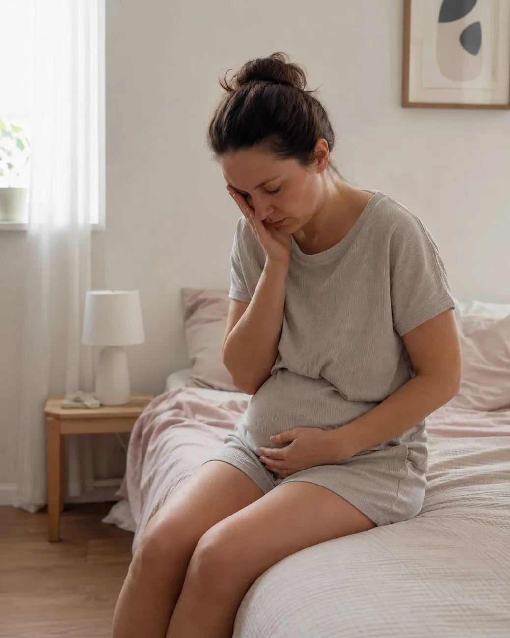 Mulher sentada na cama com desconforto