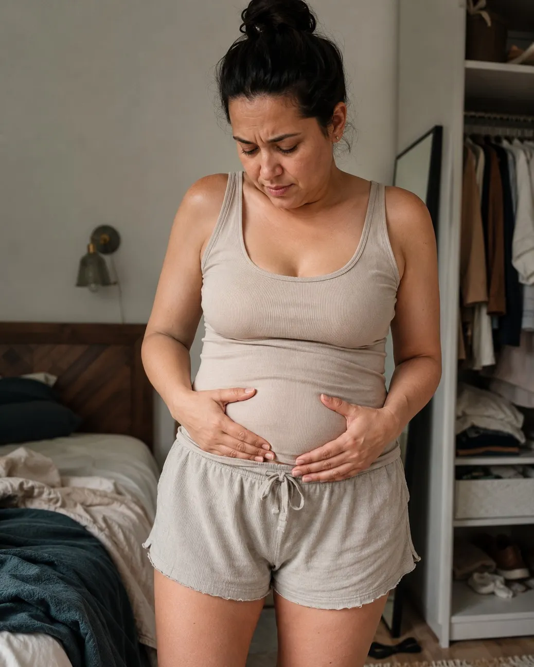 Mulher com as mãos na barriga