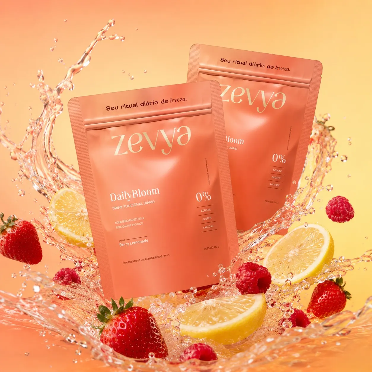 Pouches Daily Bloom com frutas vermelhas e limão em splash
